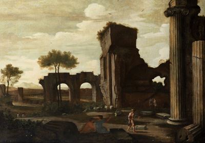 Paesaggio con rovine antiche e astanti, olio su tela