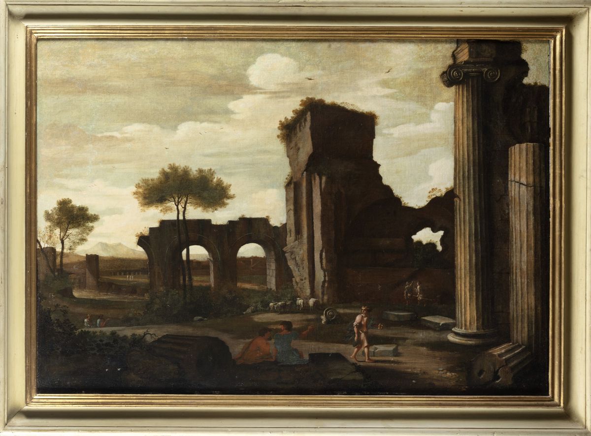 Pittore Francese Attivo a Roma, Secolo XVII - Paesaggio con rovine antiche e astanti, olio su tel...