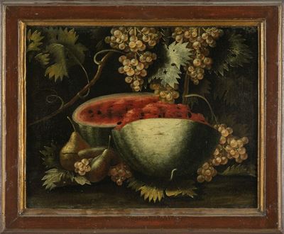 Giovanni Rivalta, Natura morta con uva, cocomero e pere; Natura morta con uva e melone, olio su t...