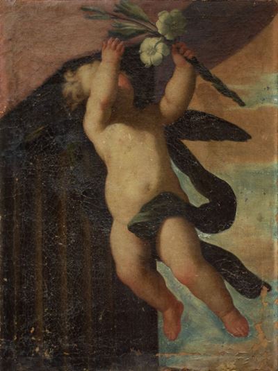 Autore ignoto, Cherubino in volo, olio su tela