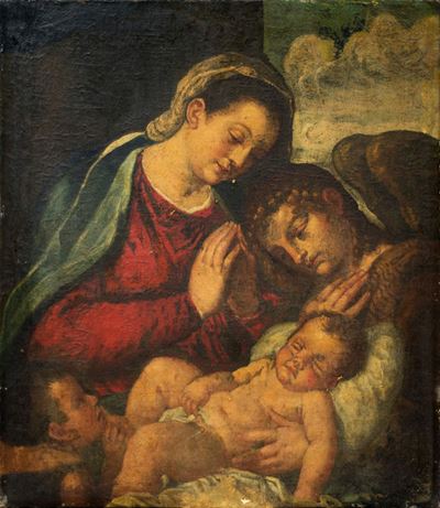 Autore non identificato, Madonna con Bambino, San Giovannino e un Angelo, olio su tela