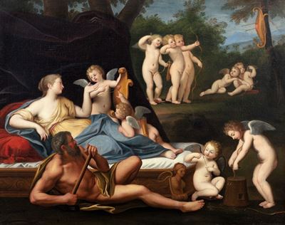 Due scene mitologiche: Venere, Vulcano e Amorini; e Diana con le sue Ninfe e Cupido, olio su tela