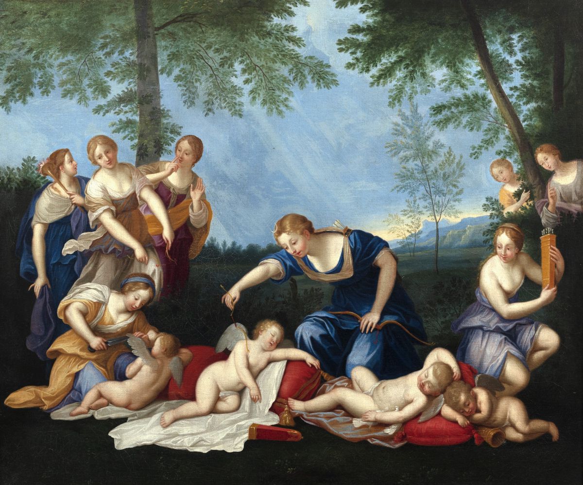 Seguace di Francesco Albani - Due scene mitologiche: Venere, Vulcano e Amorini; e Diana con le su...