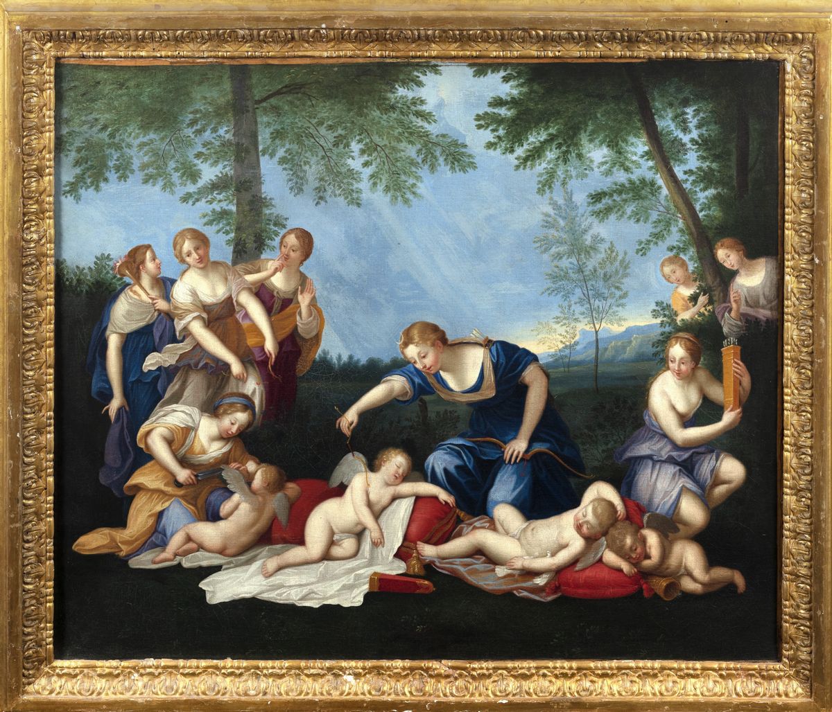 Seguace di Francesco Albani - Due scene mitologiche: Venere, Vulcano e Amorini; e Diana con le su...
