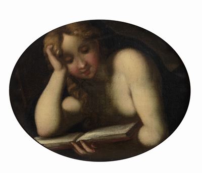 Autore anonimo, Maddalena leggente, olio su tela ovale