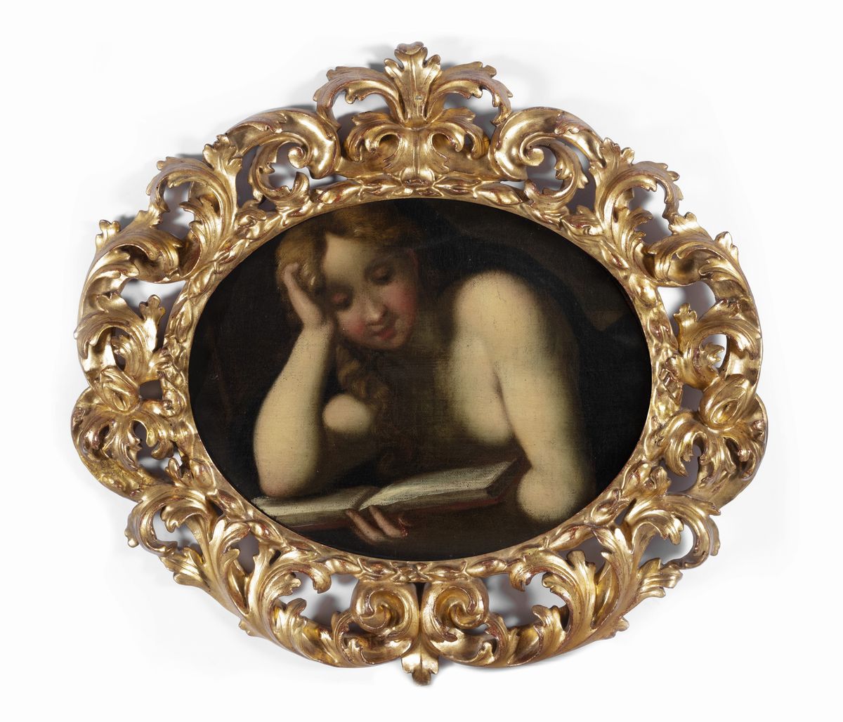 Scuola Emiliana, Secolo XVII - Autore anonimo, Maddalena leggente, olio su tela ovale