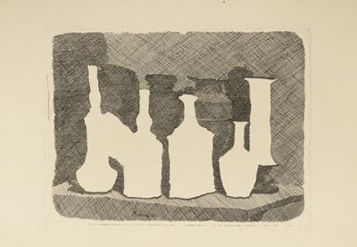 Natura morta di vasi su un tavolo, acquaforte, 1931