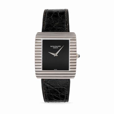 Orologio da polso in oro bianco 18k con quadrante in onice, anni '70