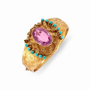 A 18k yellow gold, turquoise, amethyst and diamond bangle, 19th Century, defects, with box