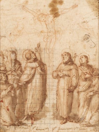 Scuola senese, Crocifissione con santi, penna e inchiostro bruno acquerellato su carta, XVI secol...