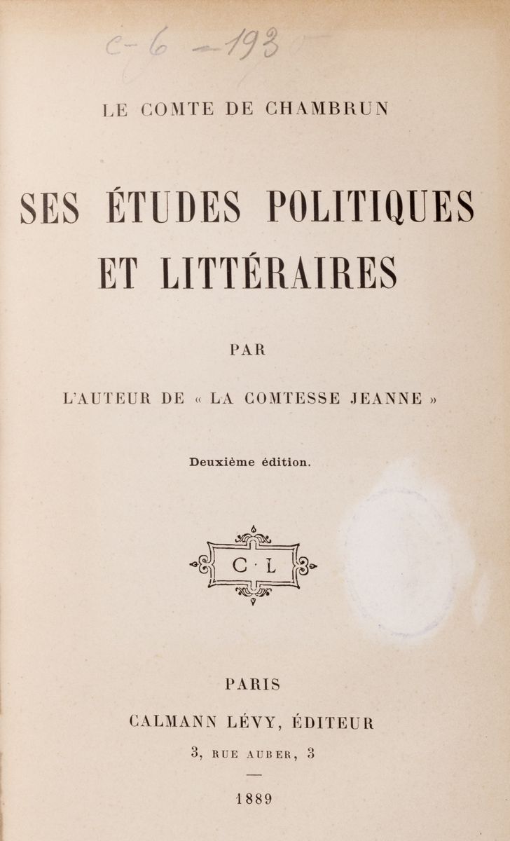 Léon de Chambrun, Le comte de Chambrun: ses études politiques et littéraires, 1889