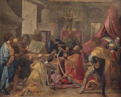 Anonimo, David suona l'arpa, olio su rame