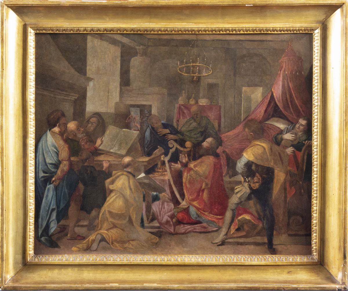 Scuola Italiana, Secolo XVII - Anonimo, David suona l'arpa, olio su rame