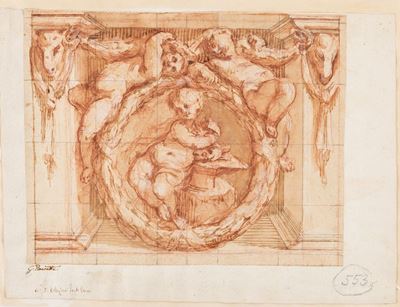 Scuola genovese, Studio architettonico con putti, matita rossa e acquerello