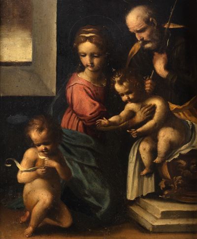 Sacra Famiglia con San Giovannino, olio su tavola