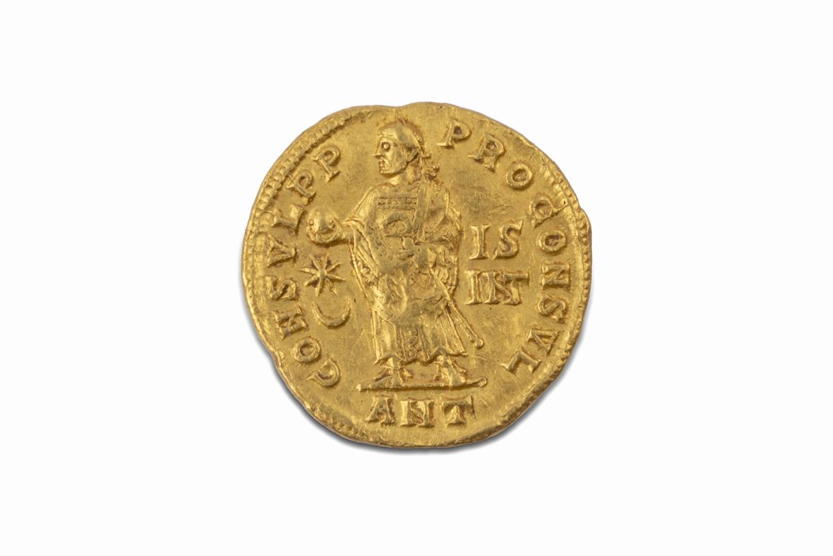 Impero Romano, Costantino, 330-337 D.C. - Costantino, Moneta aurea con testa diademata (317-319 d...