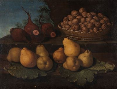 Natura morta con pere, rape e cestino di noci, olio su tela