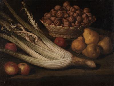 Natura morta con pere, mele, cestino di noci e cardo, olio su tela