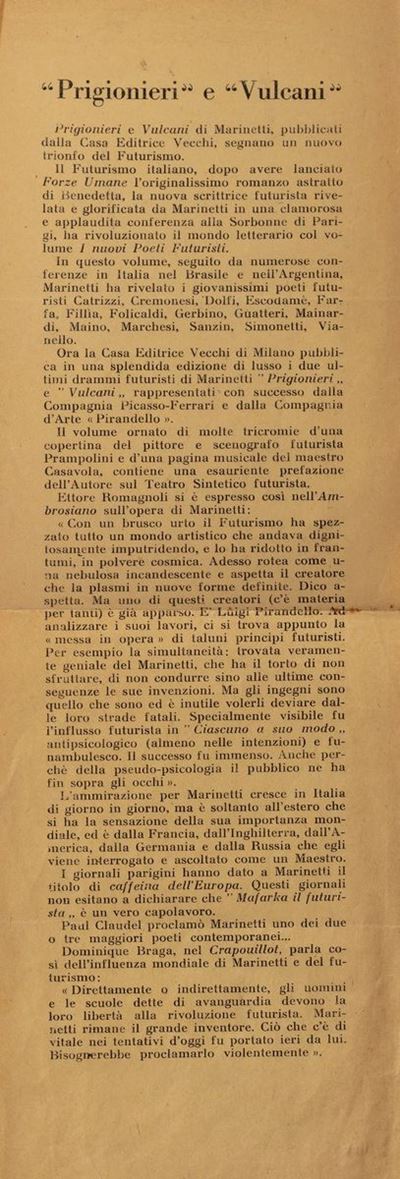 Prigionieri e vulcani – Comunicato stampa originale del 1919