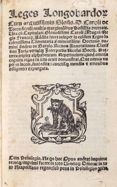Leges Longobardorum cum Commentario di Andreae de Barulo, 1537