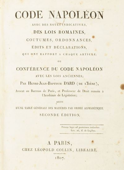 Code Napoléon. Rara edizione con note indicative e riferimenti giuridici