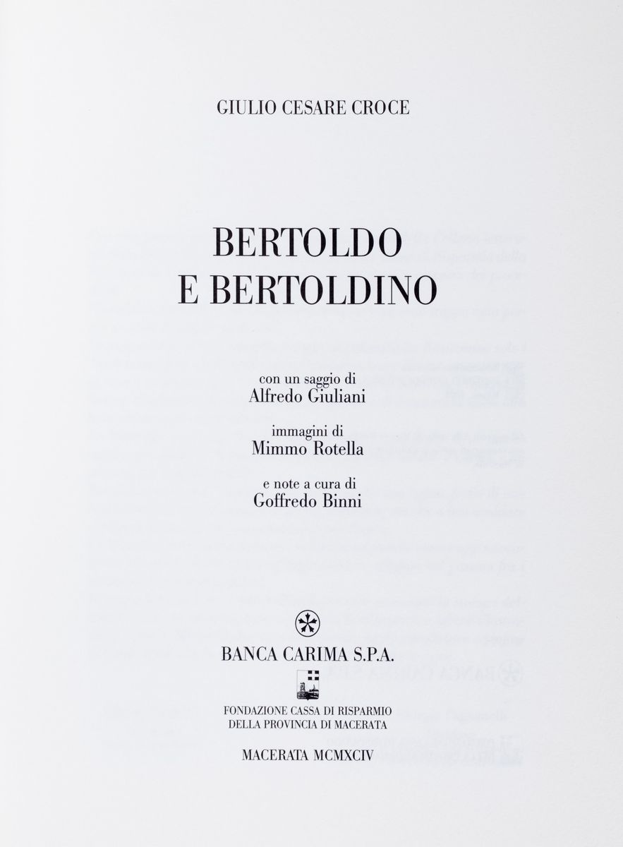 Croce, Giulio Cesare - Croce, Bertoldo e Bertoldino. Edizione del 1994 con acquaforte originale d...