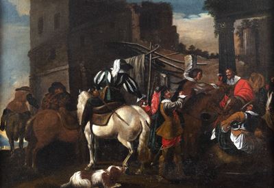 Cavalieri in sosta presso una taverna, olio su tela