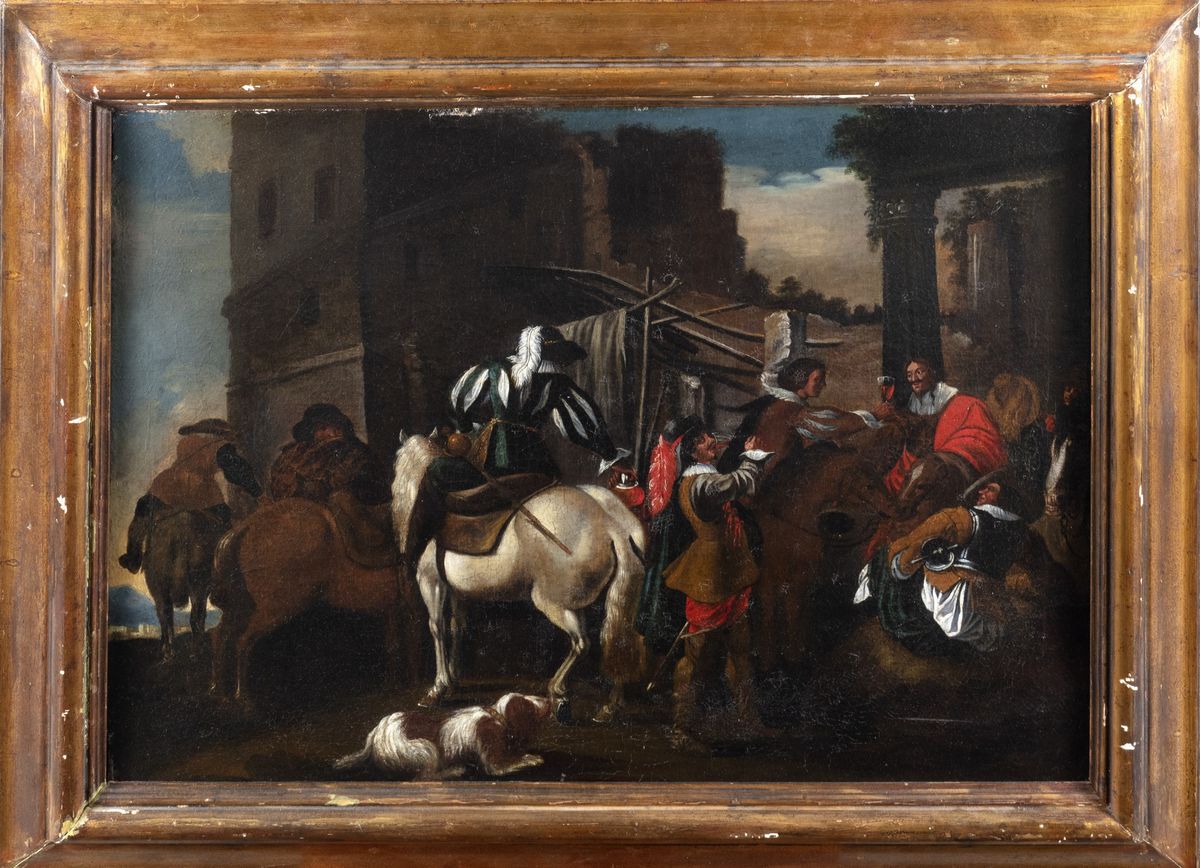 Pittore Bambocciante, Secolo XVII - Cavalieri in sosta presso una taverna, olio su tela