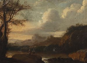 River landscape with travellers