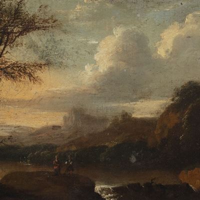 Paesaggio fluviale con viandanti, olio su tela