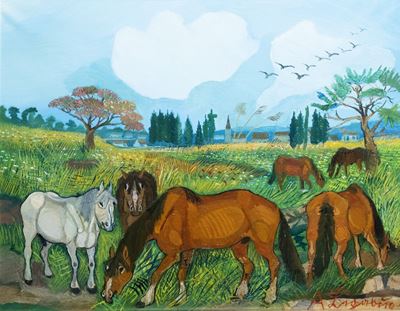 Cavalli al pascolo, olio su tela, 60 x 80 cm, 1952/1962