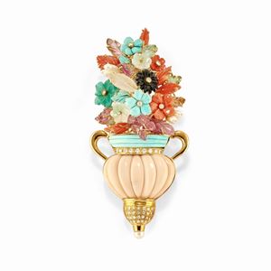 A 18k yellow gold, coral, turquoise, onyx, pearl, colored gemstone and diamond brooch