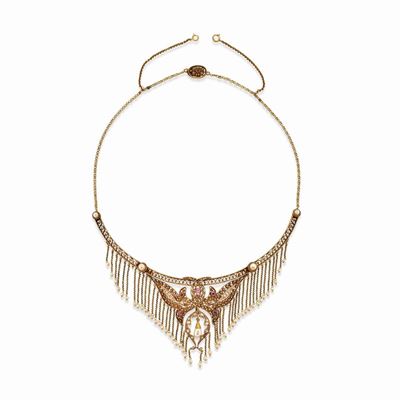 Collana con perle naturali, rubini e diamanti in oro giallo 18k