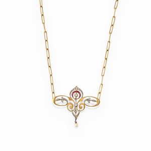 A silver, 18k yellow gold, cultured pearl, ruby and diamond necklace