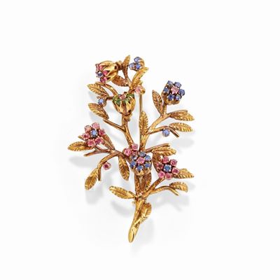 Spilla in oro giallo 18k con fiori "en tremblant" in rubini, zaffiri e smeraldi