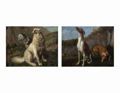 Gaetano Forte, Due paesaggi con cani a riposo, olio su tela