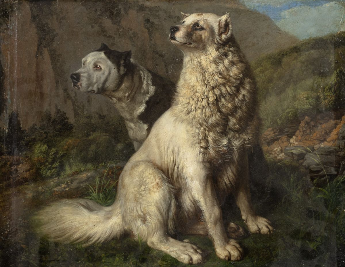 Scuola Napoletana, Inizi del Secolo XIX - Gaetano Forte, Due paesaggi con cani a riposo, olio su ...