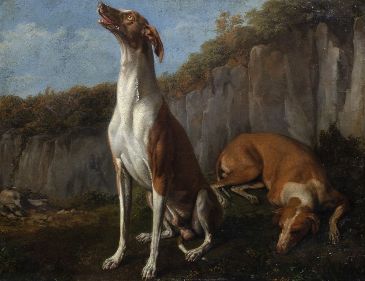 Scuola Napoletana, Inizi del Secolo XIX - Gaetano Forte, Due paesaggi con cani a riposo, olio su ...