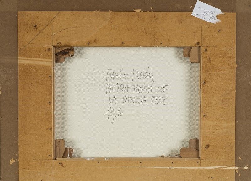 Emilio Tadini - Natura morta con la parola fine, acrilico su tela, 1980