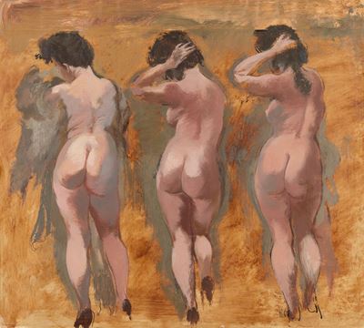 Tre nudi, olio, gouache e tecnica mista su carta
