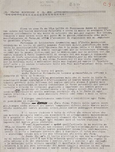 Il teatro sintetico e il suo avvenire - dattiloscritto con correzioni manoscritte, 1917
