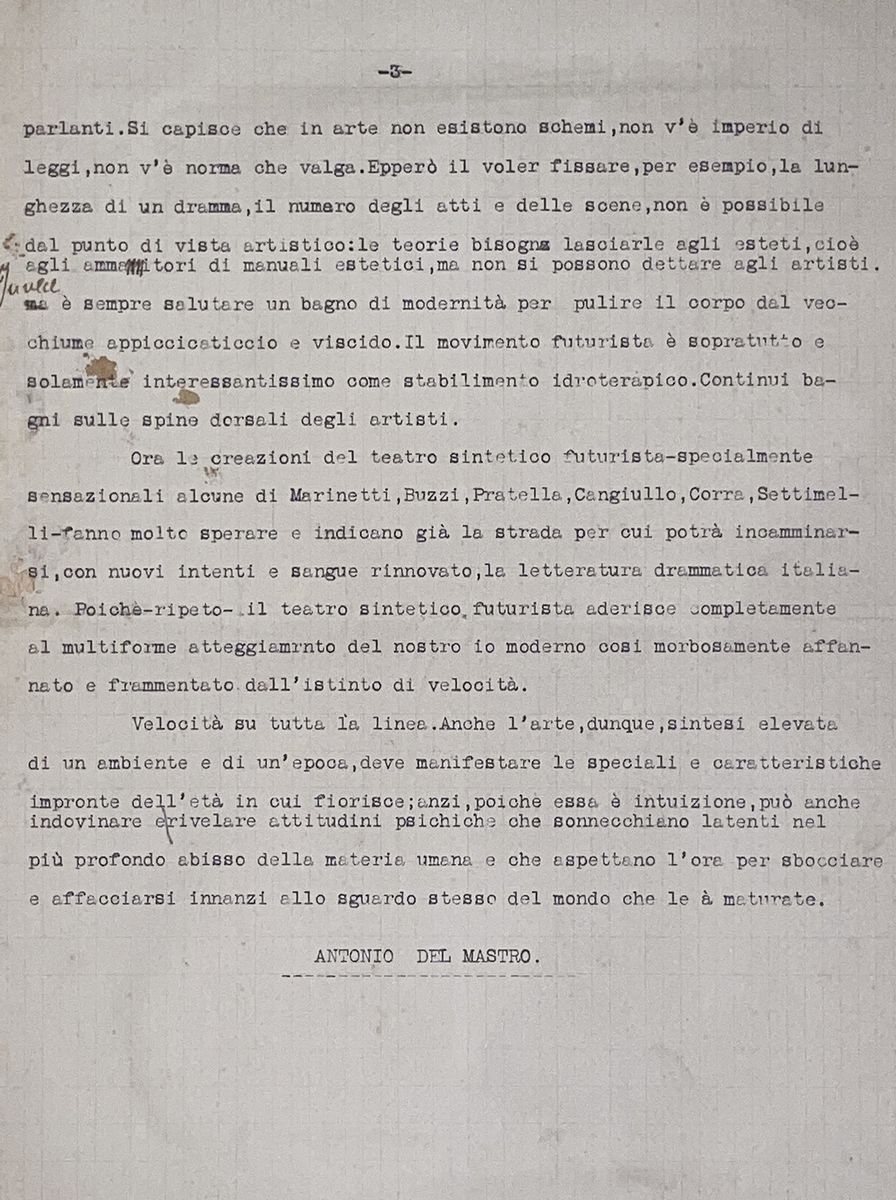 Antonio del Mastro - Il teatro sintetico e il suo avvenire - dattiloscritto con correzioni manosc...