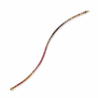 Bracciale tennis 'Rainbow', oro rosa 18k, zaffiri multicolore