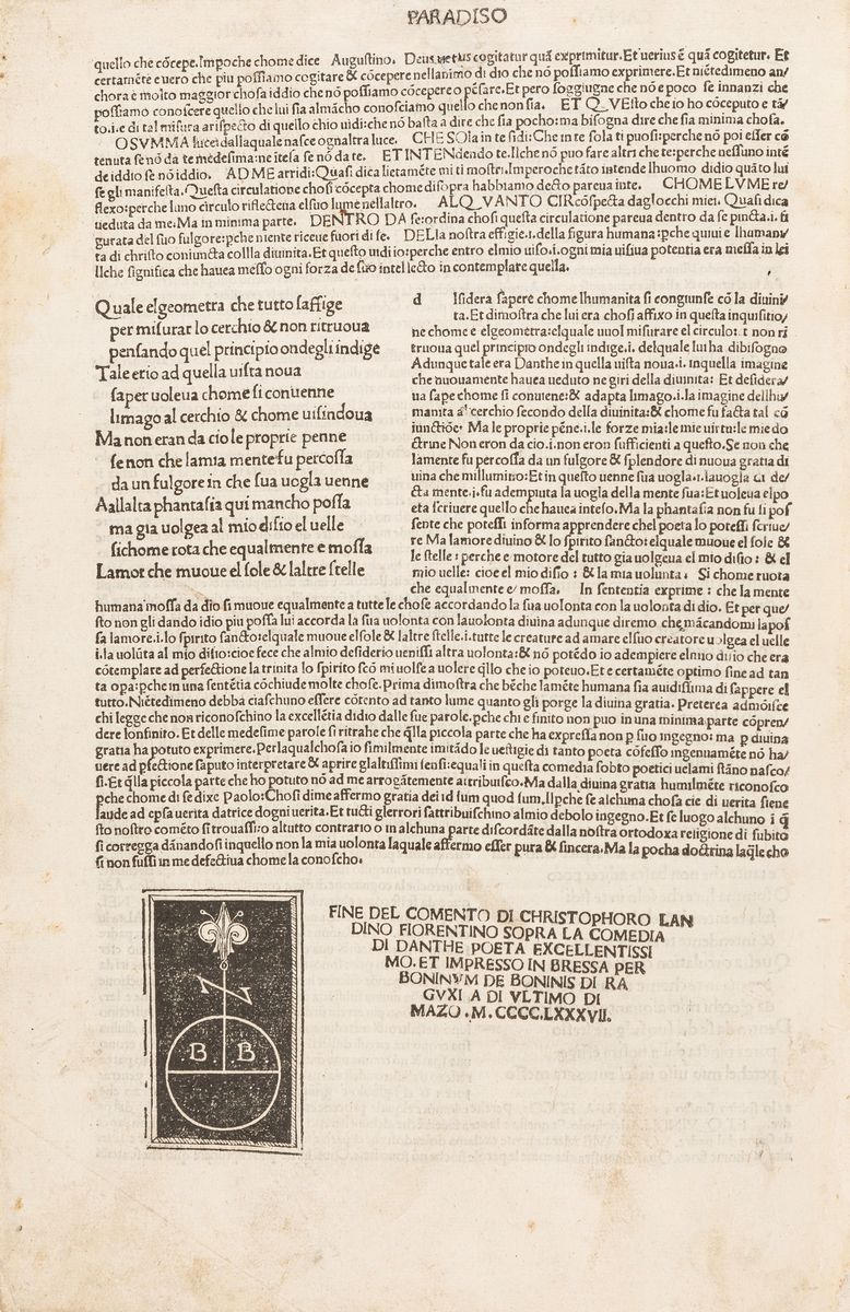 Dante Alighieri - La Commedia [Commento di Christophorus Landinus], Brescia, 1487