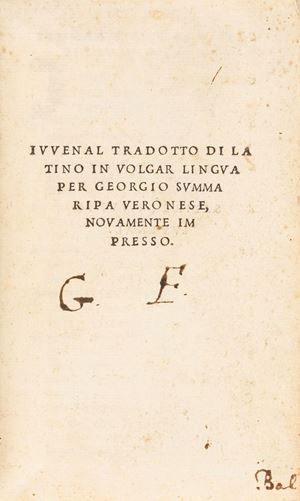Giovenale, Decimo Giunio - Iuvenal tradotto di latino in volgar lingua per Georgio Summaripa Veronese, nouamente impresso  Description	 Giovenale - Iuvenal tradotto di latino in volgar lingua per Georgio Summaripa Veronese, nouamente impresso