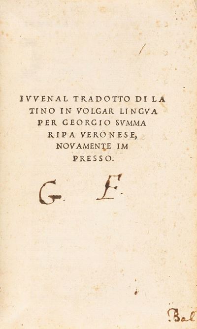 Giovenale, Iuvenal tradotto di latino in volgar lingua per Georgio Summaripa Veronese, edizione r...