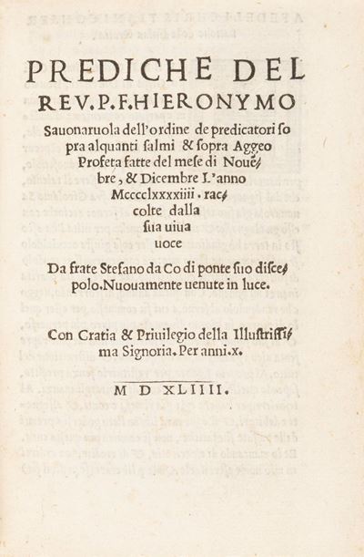 Savonarola, Prediche del reu. p.f. Hieronymo Sauonaruola dell'ordine de predicatori sopra alquant...