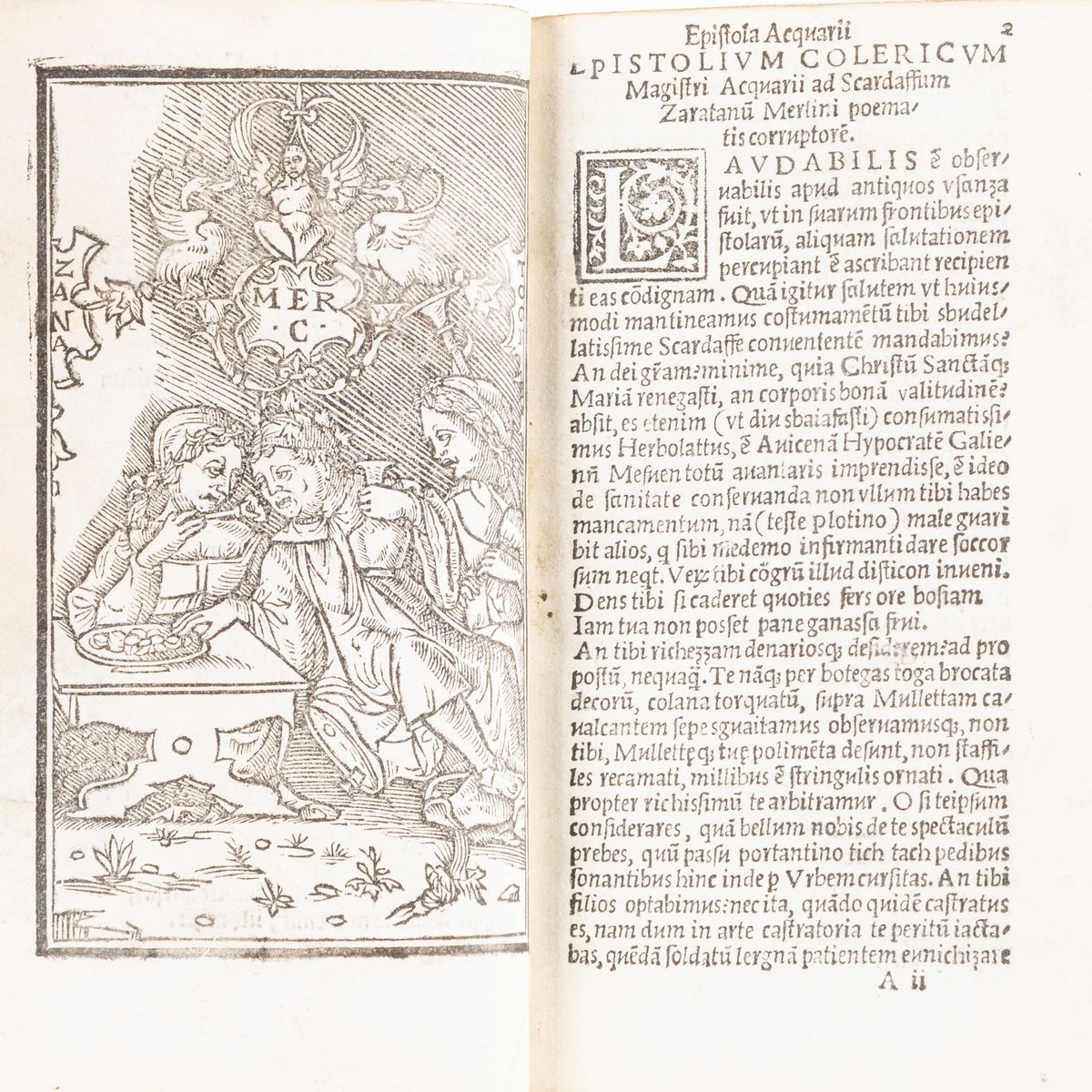 Teofilo Folengo - Opus Merlini Cocaii poetae Mantuani Macaronicorum, prima edizione con 54 xilogr...