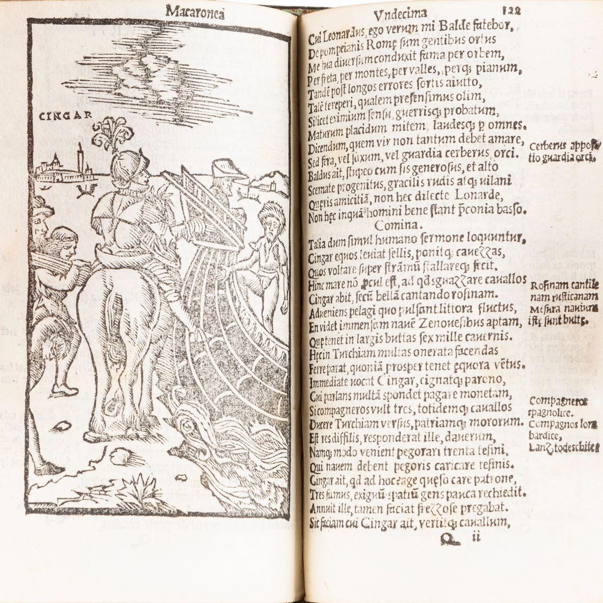 Teofilo Folengo - Opus Merlini Cocaii poetae Mantuani Macaronicorum, prima edizione con 54 xilogr...