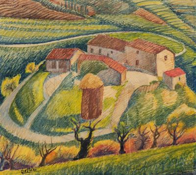 Paesaggio rurale, idromatita su carta